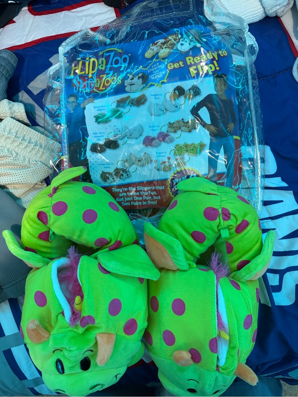 Flip a zoo Bright Green Dragon Plush Kids Slippers with Pink Polka Dots